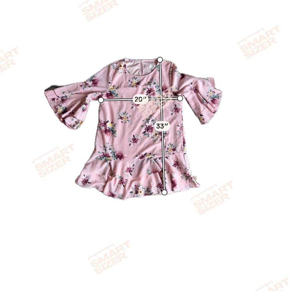 Women Pink Floral Tiered Ruffle Bell Sleeve Mini Shift Dress Large Romantic Boho - Picture 7 of 7